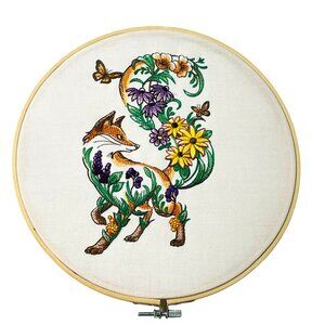 Flower Fox Butterfly Wall Art Embroidery Wood Hoop Frame 10.5" Handmade New